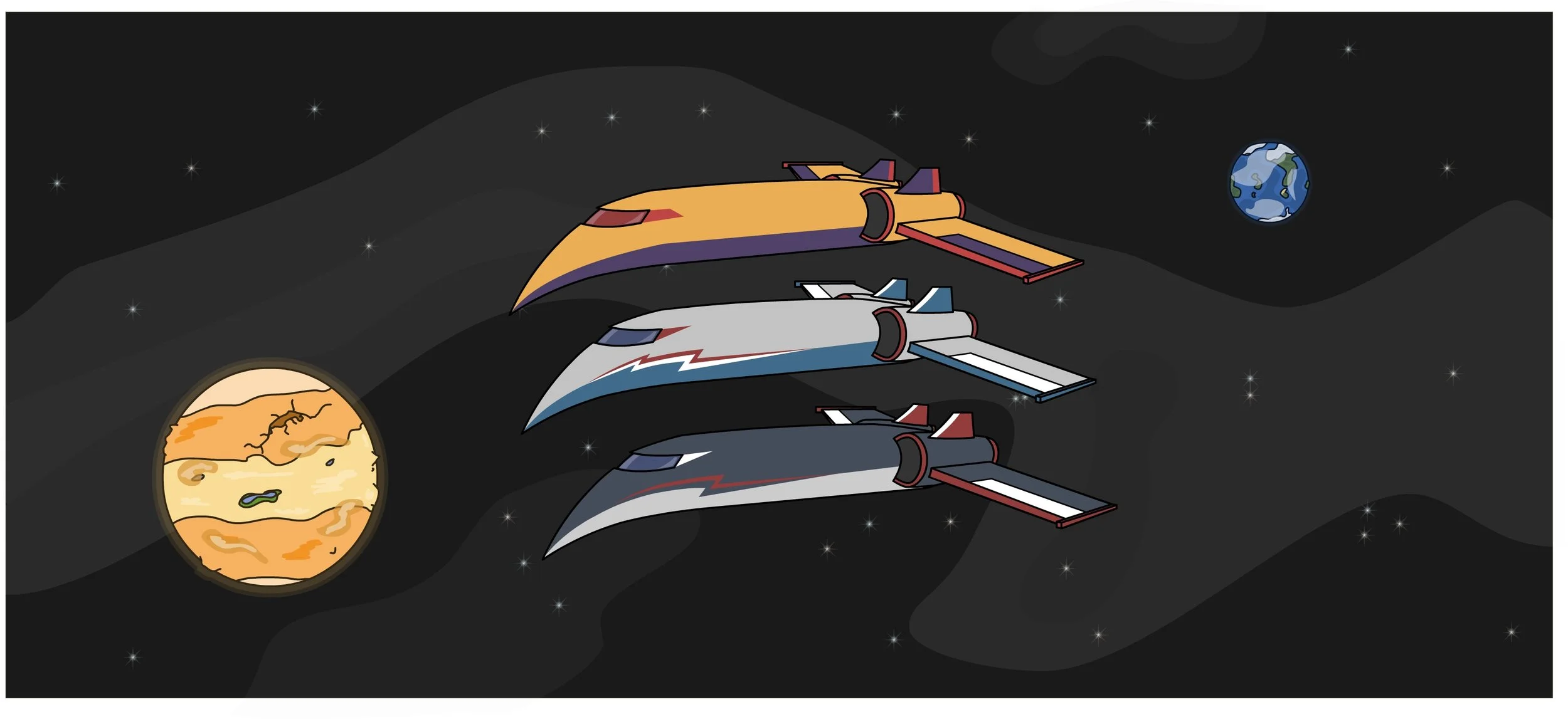 Starship color tests, on a space background