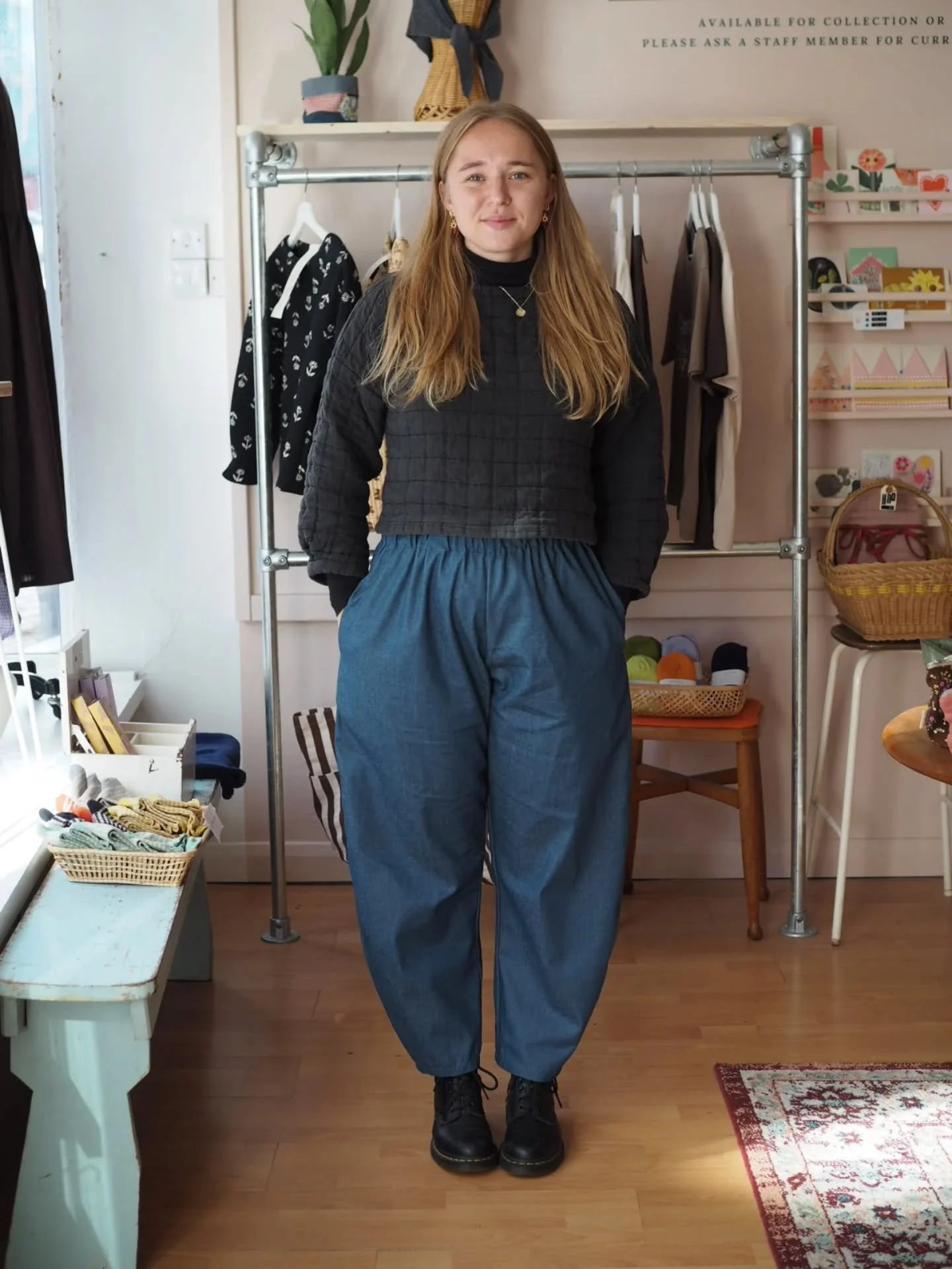 This week, Amy had a good try on of her namesake trousers. Our Amy Barrel Legs are such an easy shape to wear, with a comfy elastic waist and a cool balloon-shaped leg. Amy wears Amy (sorry) in Mid-wash Denim, Green Check, Red Check and our new Berry