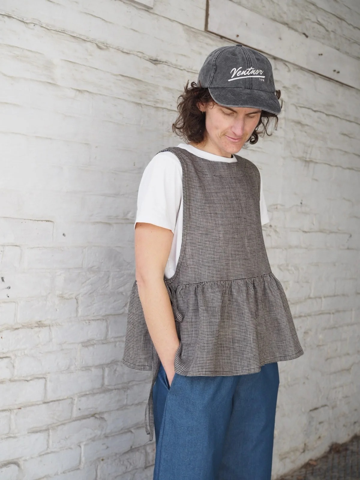Winnie Pinny Gathered Vest Top - Black & White Mini Check Linen