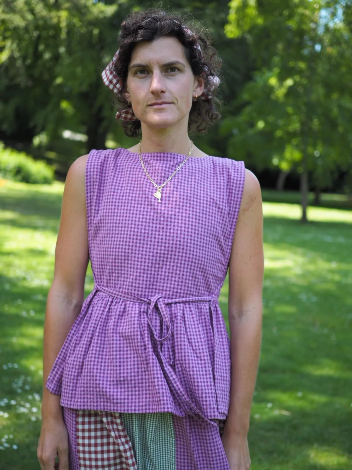 Winnie Pinny Gathered Vest Top - Fig Check Cotton - PRE-ORDER