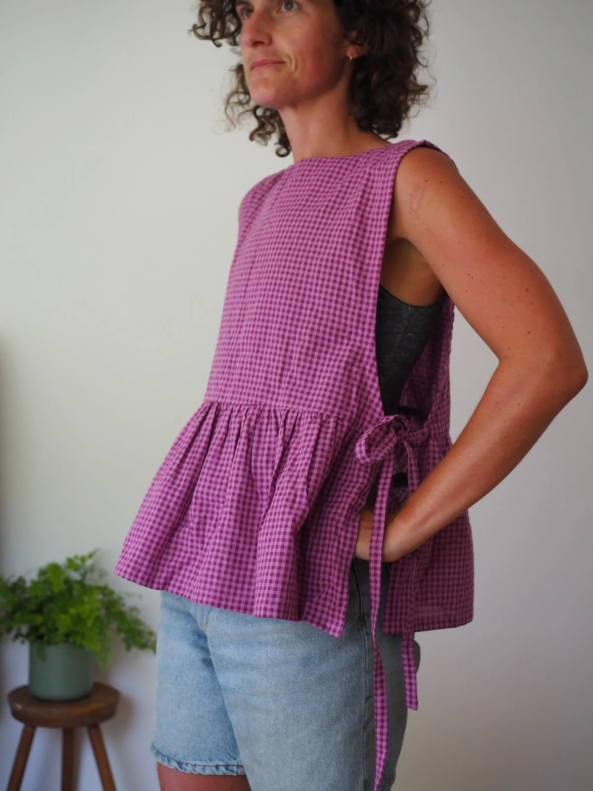 Winnie Pinny Gathered Vest Top - Fig Check Cotton - PRE-ORDER