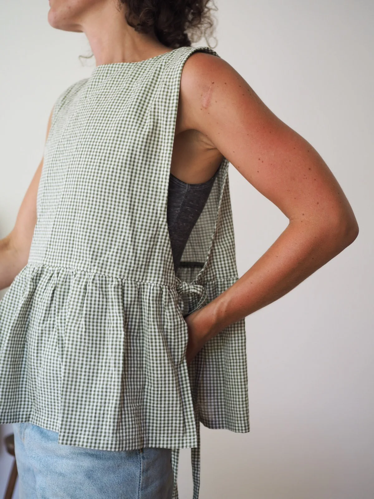 Winnie Pinny Gathered Vest Top - Moss Check Cotton - PRE-ORDER