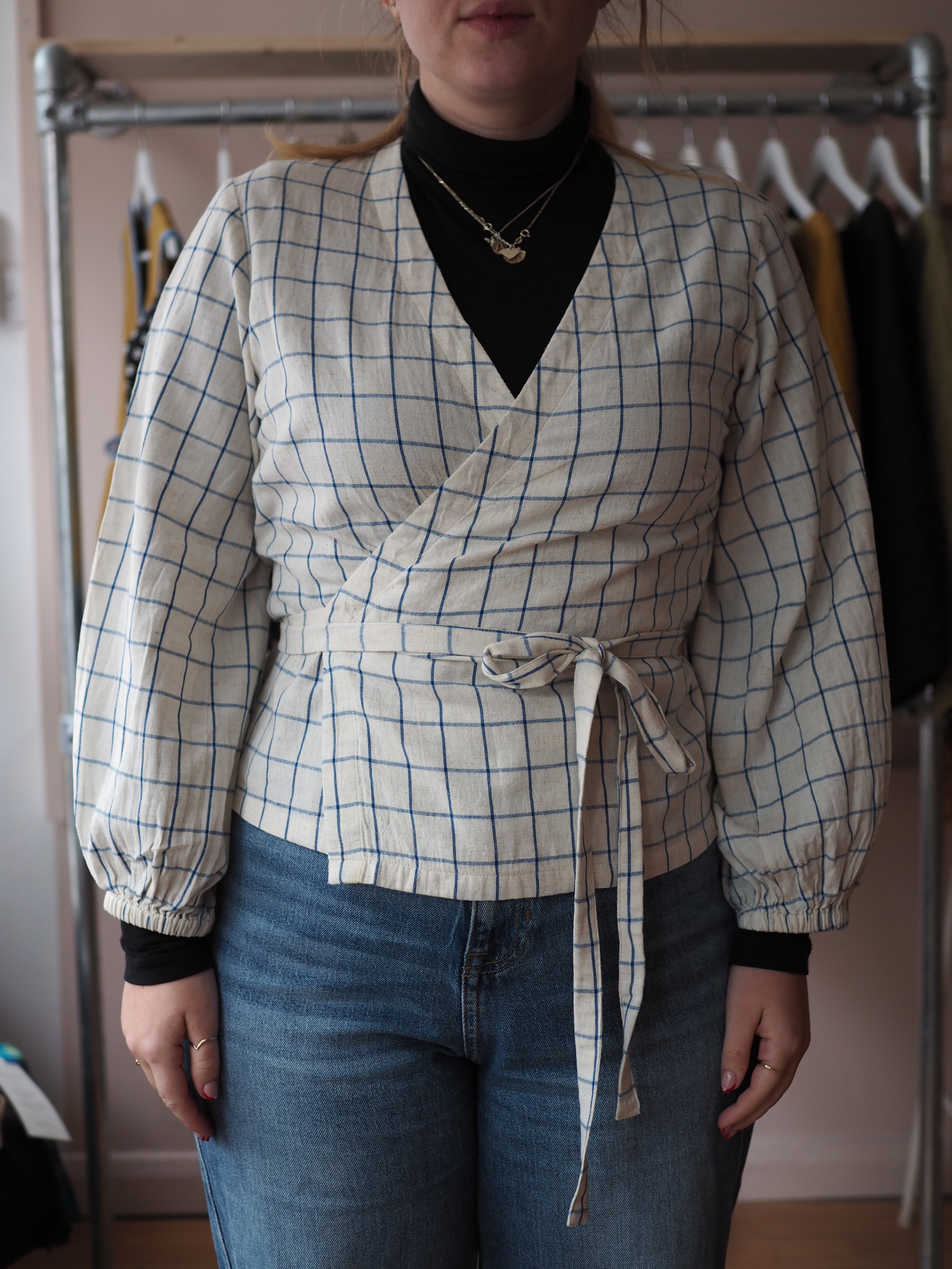 Winnie Wrap Top with puff sleeve (old style)- Blue & white grid linen- Medium - REROAKE.