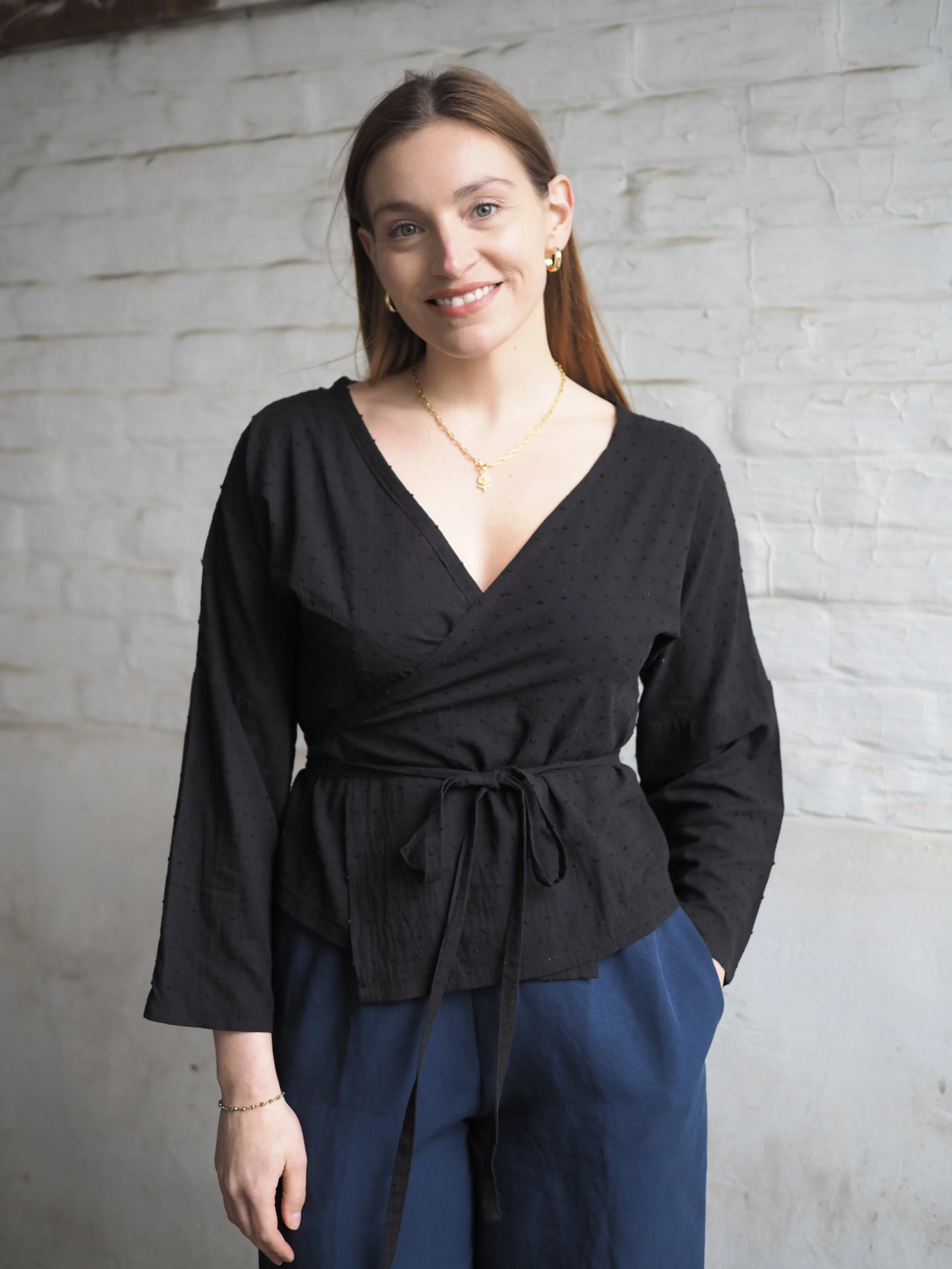 Winnie Wrap Top Long Sleeve (Old style) - S/M- Black Dotty Cotton- ReRoake