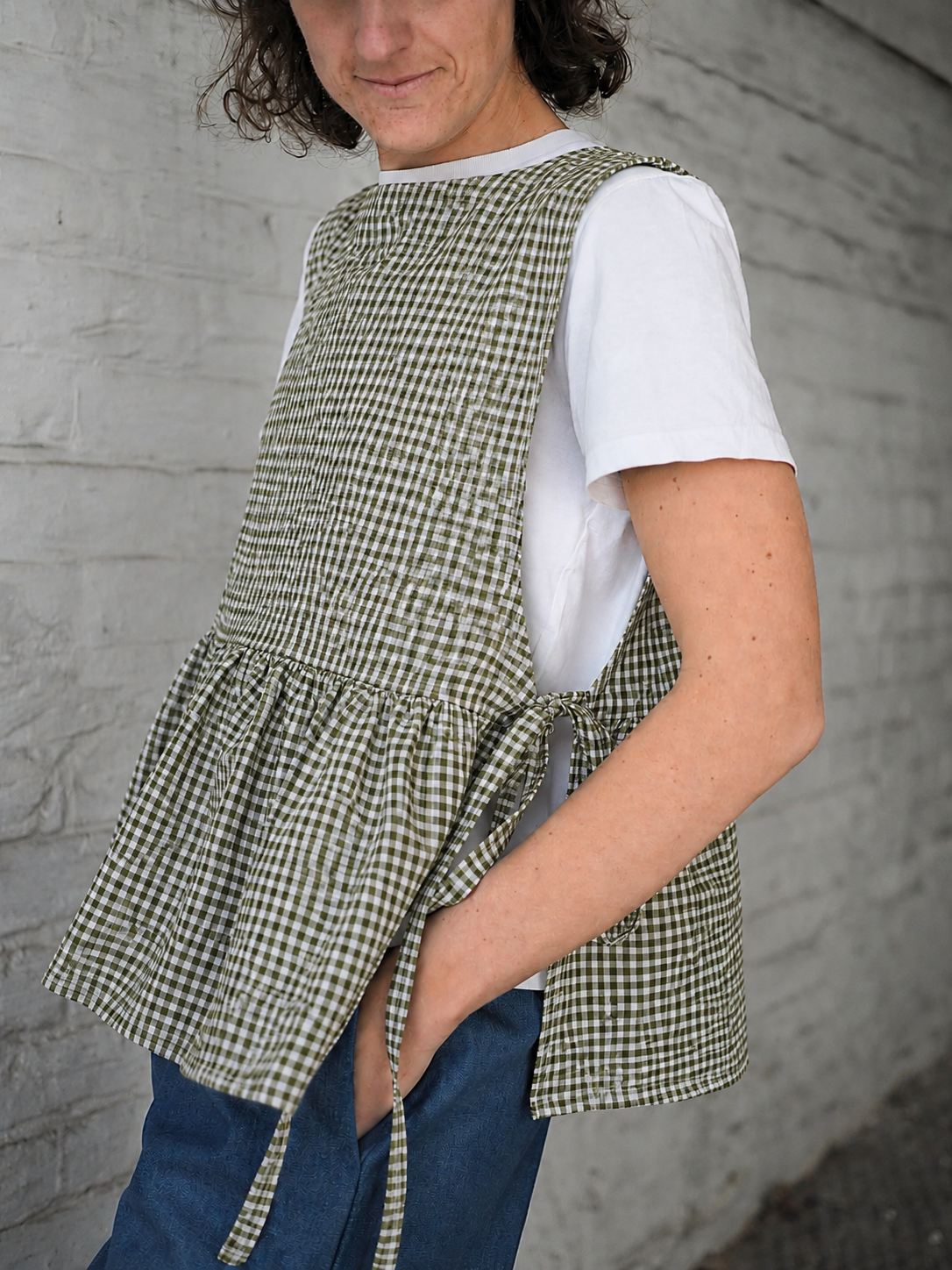 Winnie Pinny Gathered Vest Top - Moss Check Cotton - PRE-ORDER