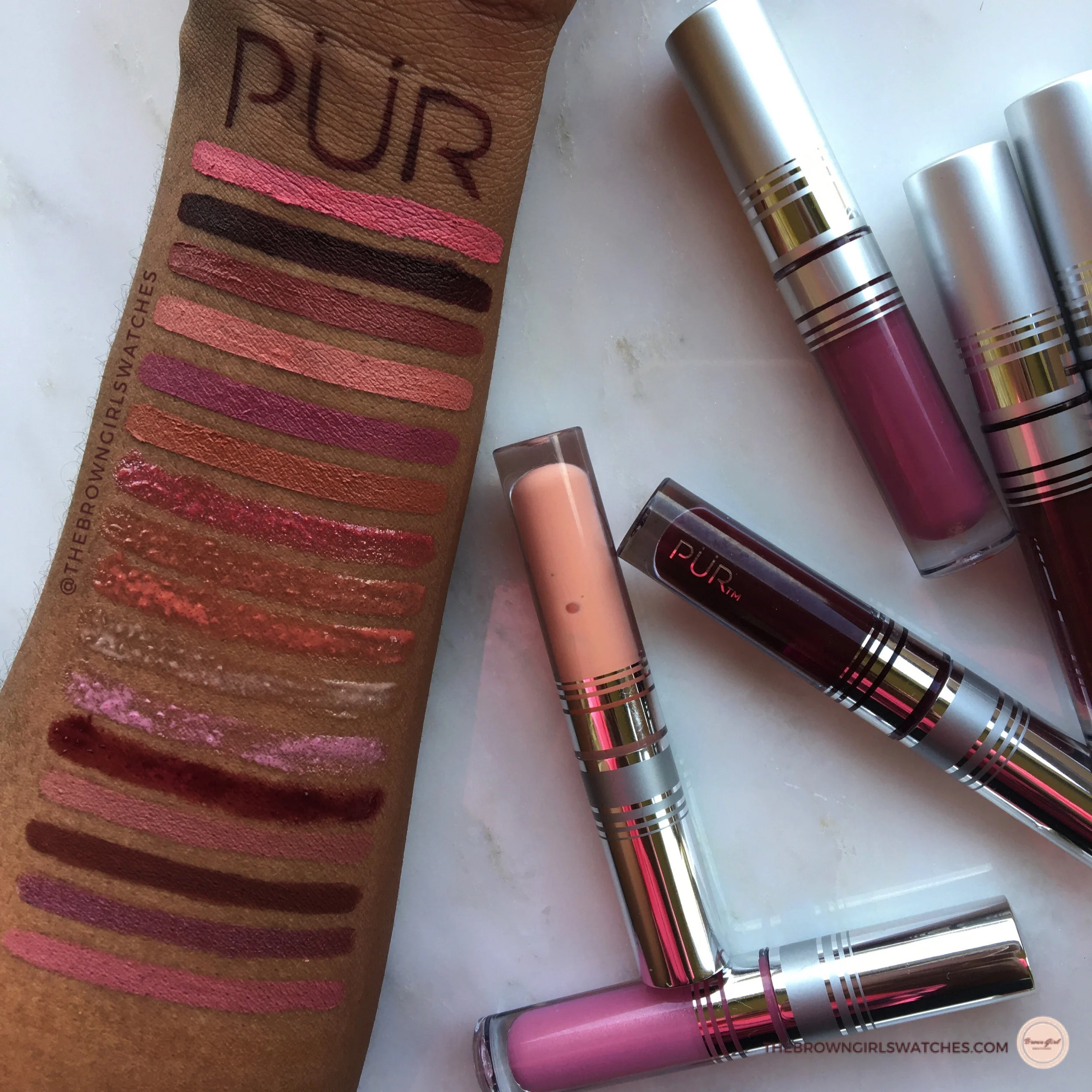 Swatches of the Pur Matte Liquid Lipstick, Pur Lipgloss, + Pur Lip Liner. 