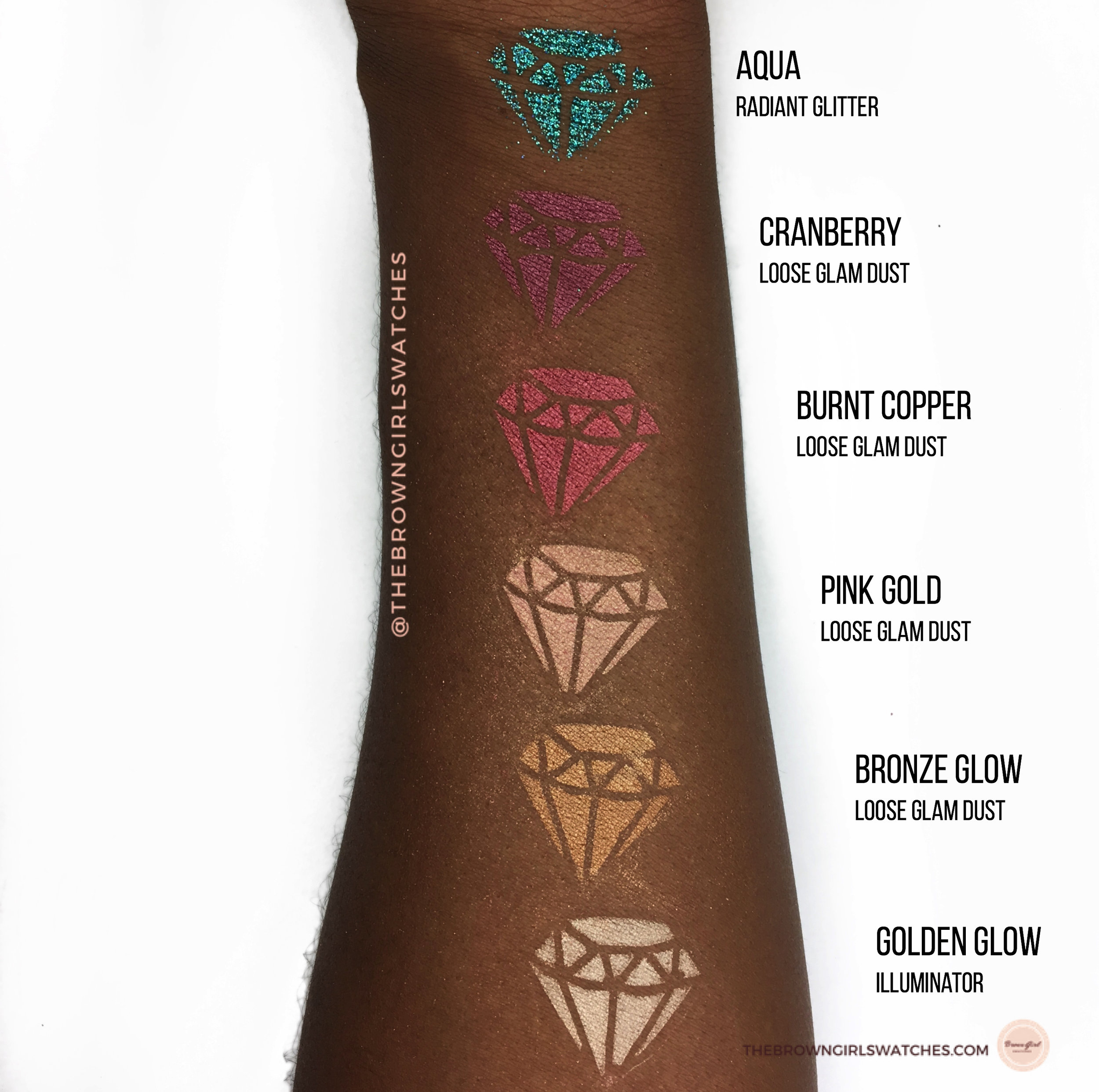Swatches from Top to Bottom: Aqua, Cranberry, Burnt Copper, Pink Gold, Bronze Glow, and Golden Glow