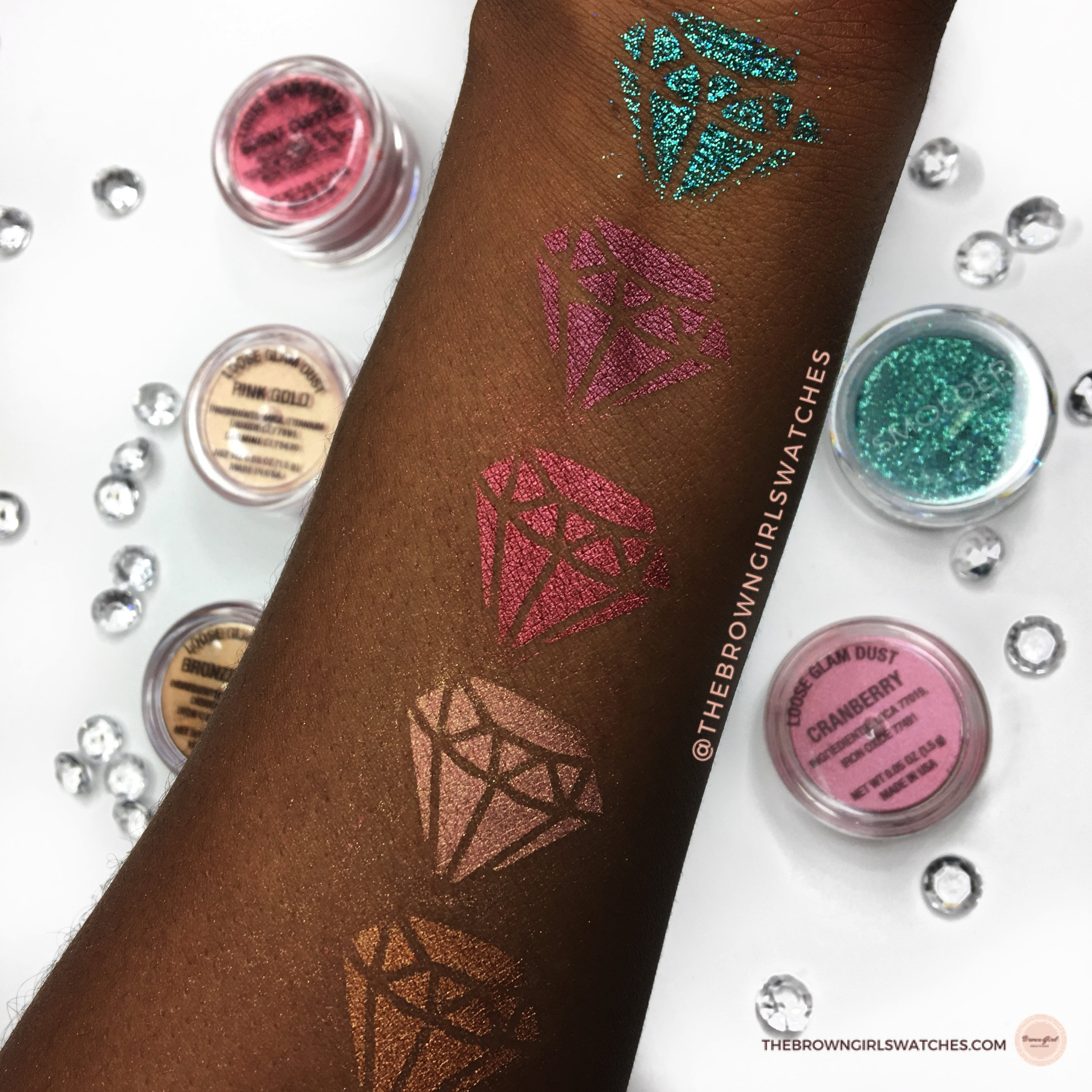 Swatches from Top to Bottom: Aqua, Cranberry, Burnt Copper, Pink Gold, and Bronze Glow