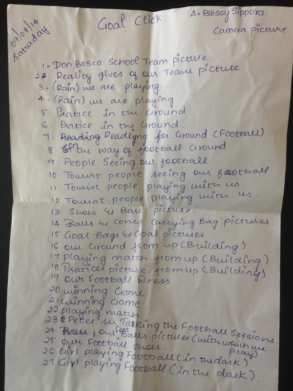 And this was the preparation Blessy did before she took her photos – a shot list of what she wanted to capture. Incredible commitment to the Goal Click cause!