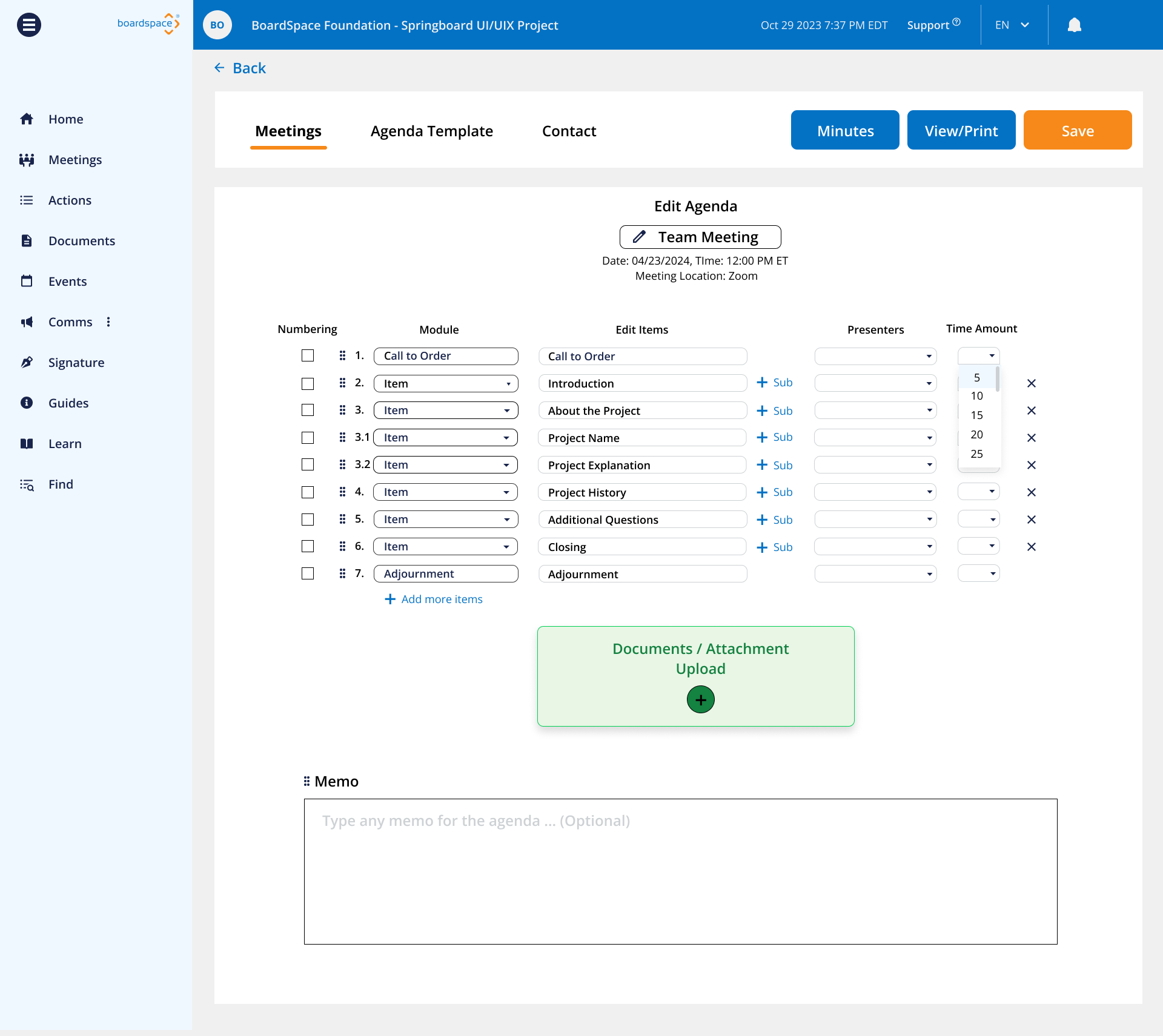 Digital mockup of Boardspace agenda builder tool, with document/attachment manager at bottom