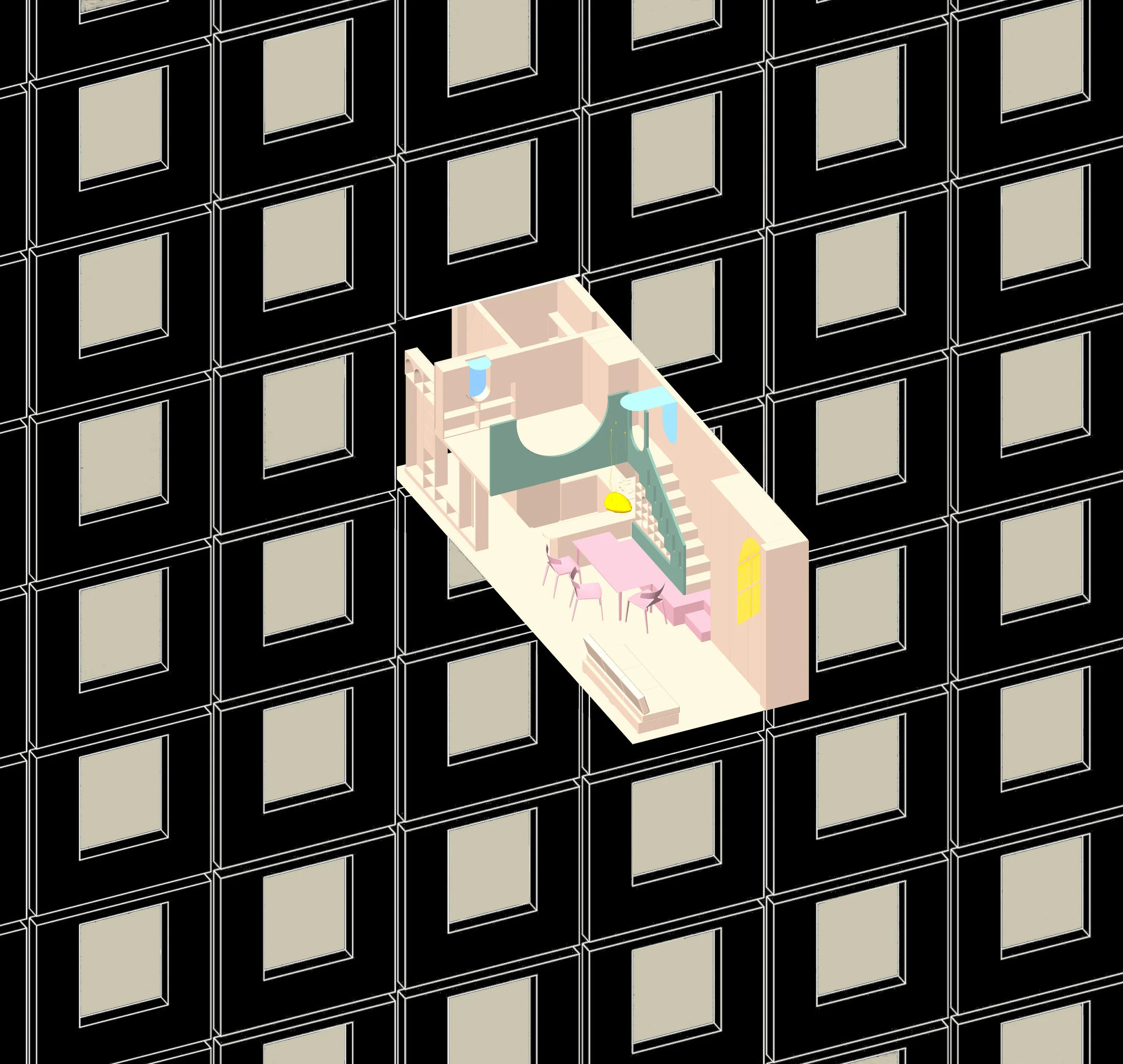 External view, a molecule in monotonous urban