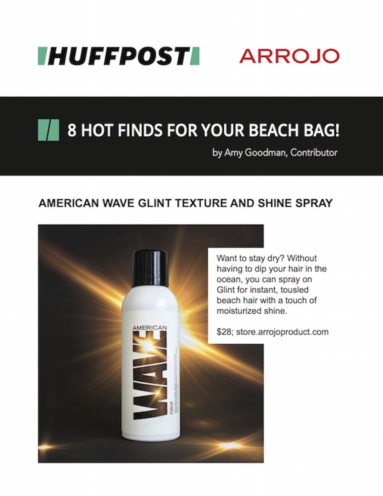 Glint Texture & Shine Spray featured in Huff Post's "8 Hot Finds For Your Beach Bag."