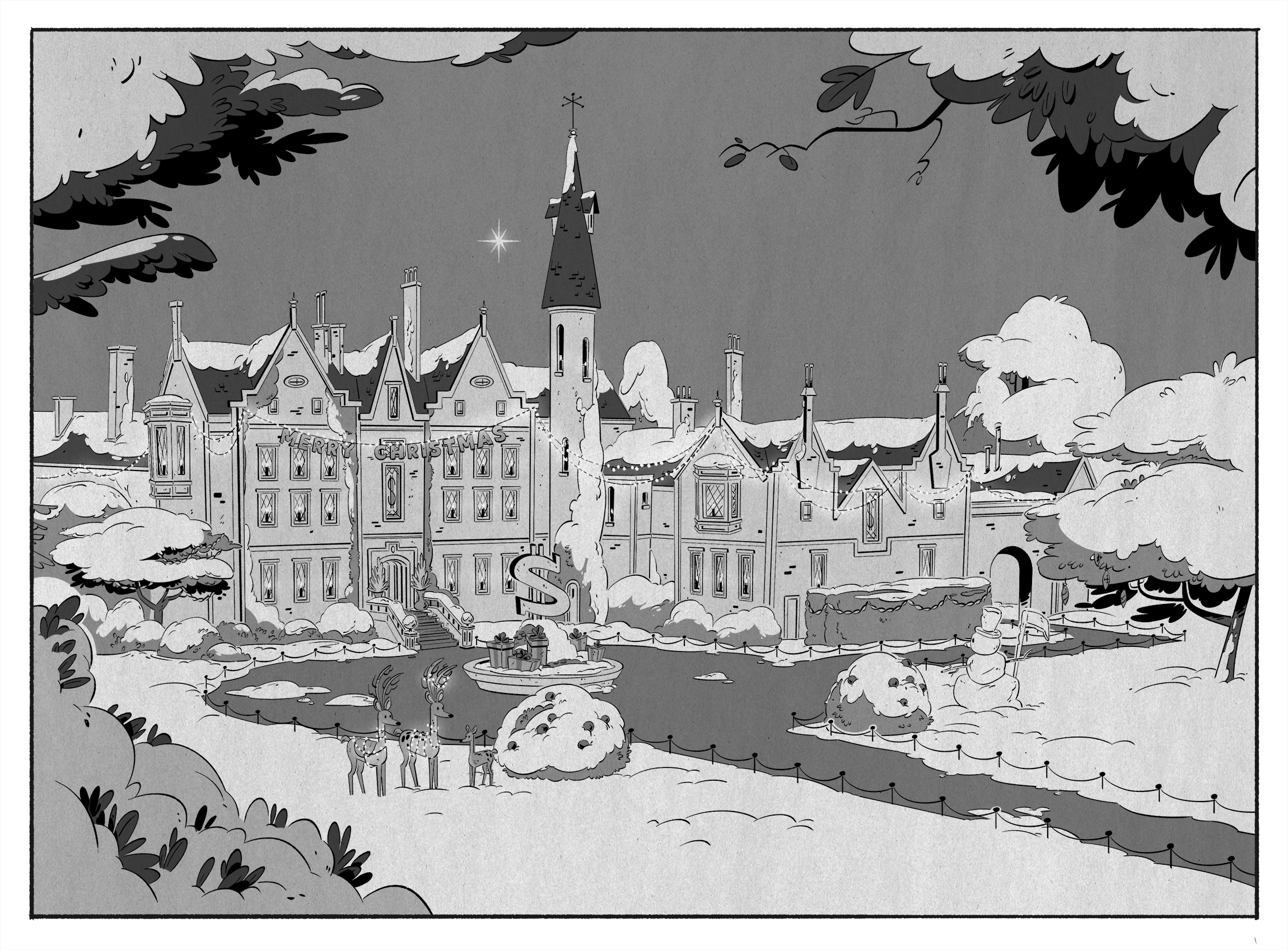 From Episode 6, Last Christmas! This is the mansion in the 60’s. We designed multiple versions of the mansion’s Christmas decorations to indicate a shift in time since the characters are time traveling in this episode.