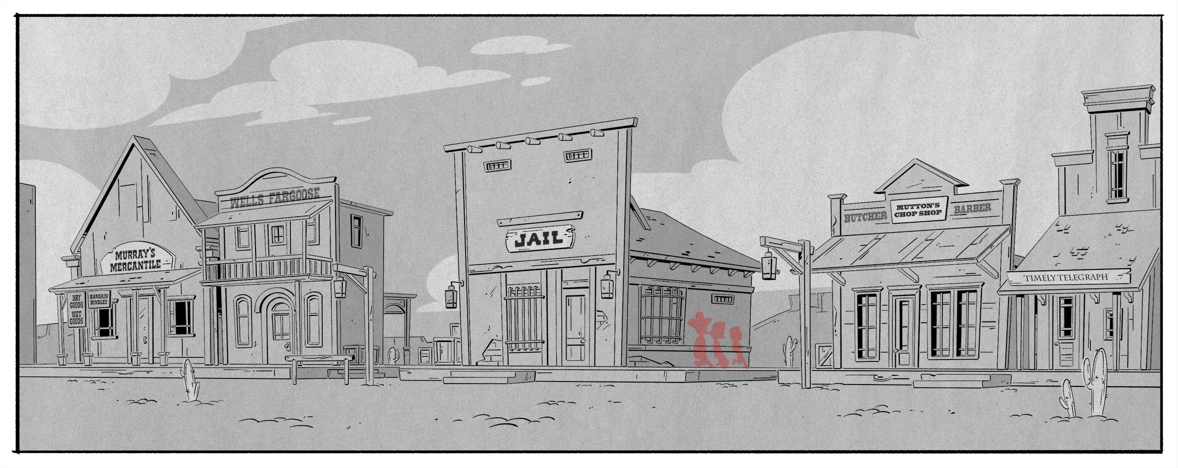 From Episode 9, The Outlaw Scrooge McDuck! Fun fact: I snuck my cat’s name in one of the store signs. I had fantastic help from the writers on coming up with names for the other stores.
