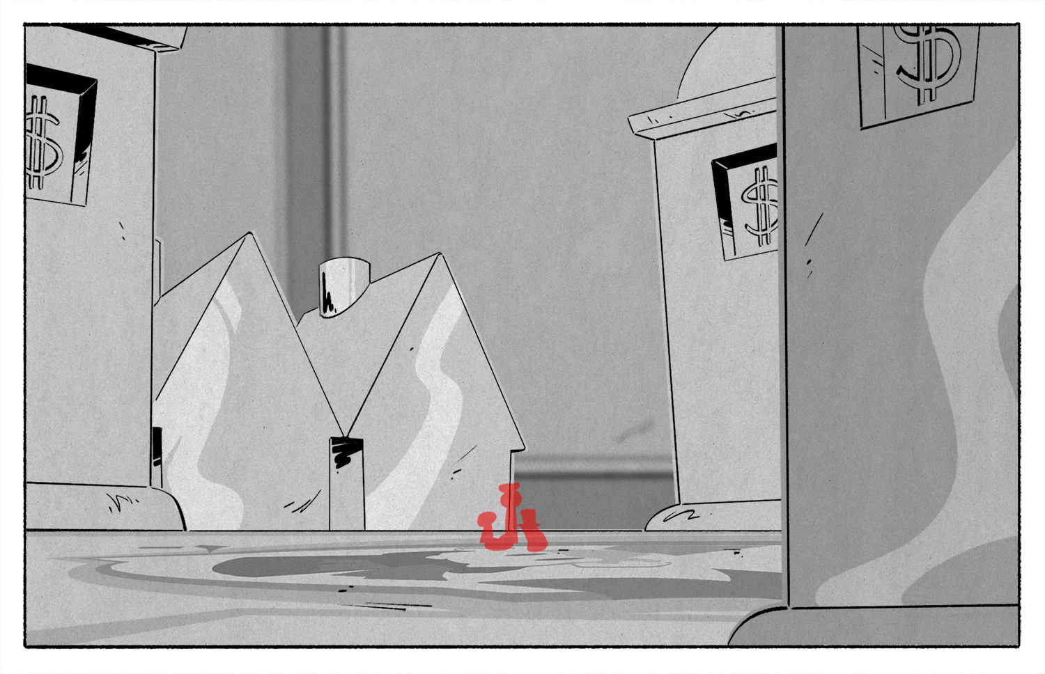 From Episode 1, The Most Dangerous Game… Night! An example of a close-up shot from the POV of being shrunken and on the board game. One of the problem-solving tasks of this episode was figuring out the scale of the board game pieces and how we would treat the distant background.