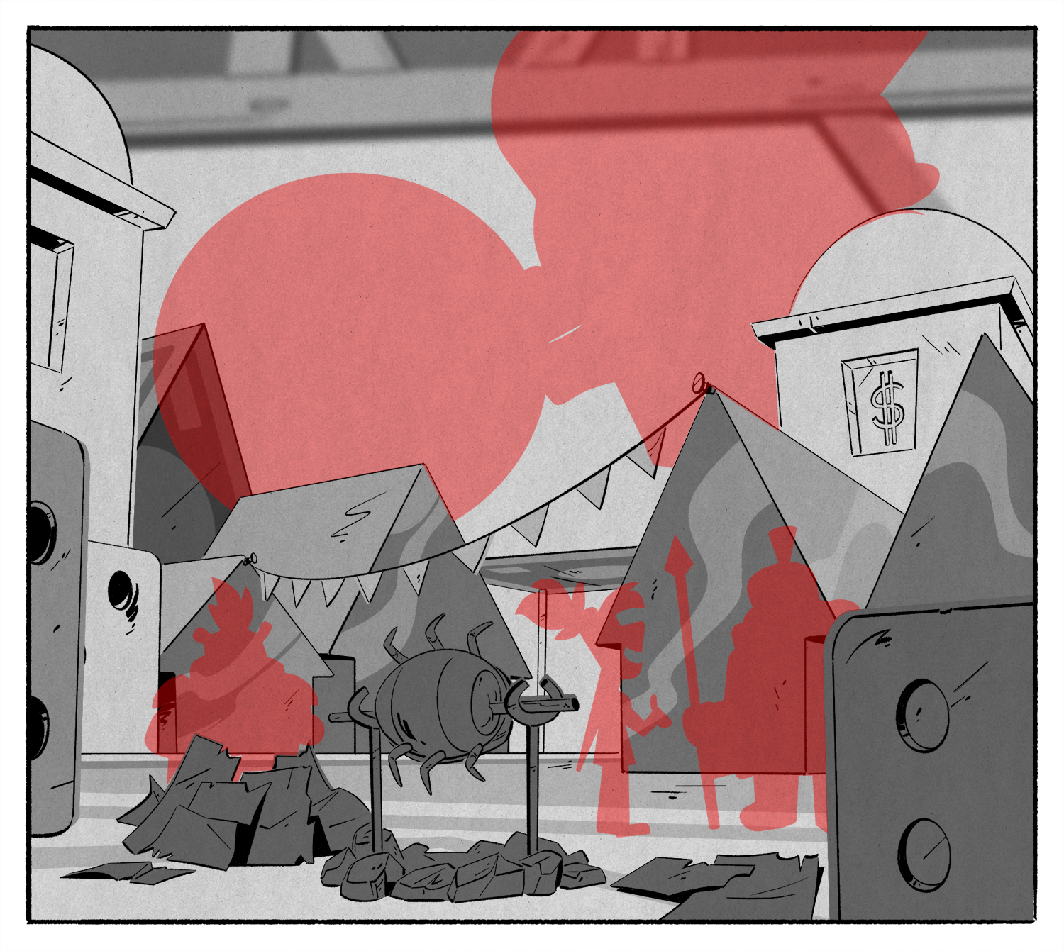 From Episode 1, The Most Dangerous Game… Night! The characters ended up making a little teeny town out of the board game pieces. It was fun thinking this through, like using shreds of the board game money as kindle for fire.