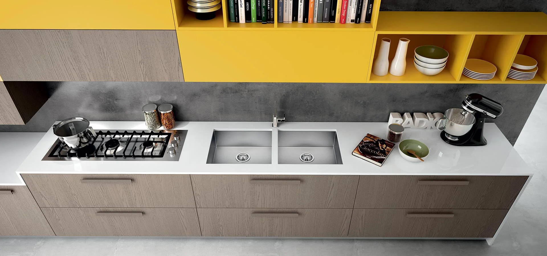 add accent units in vibrant yellow or hot orange for added 60’s style…