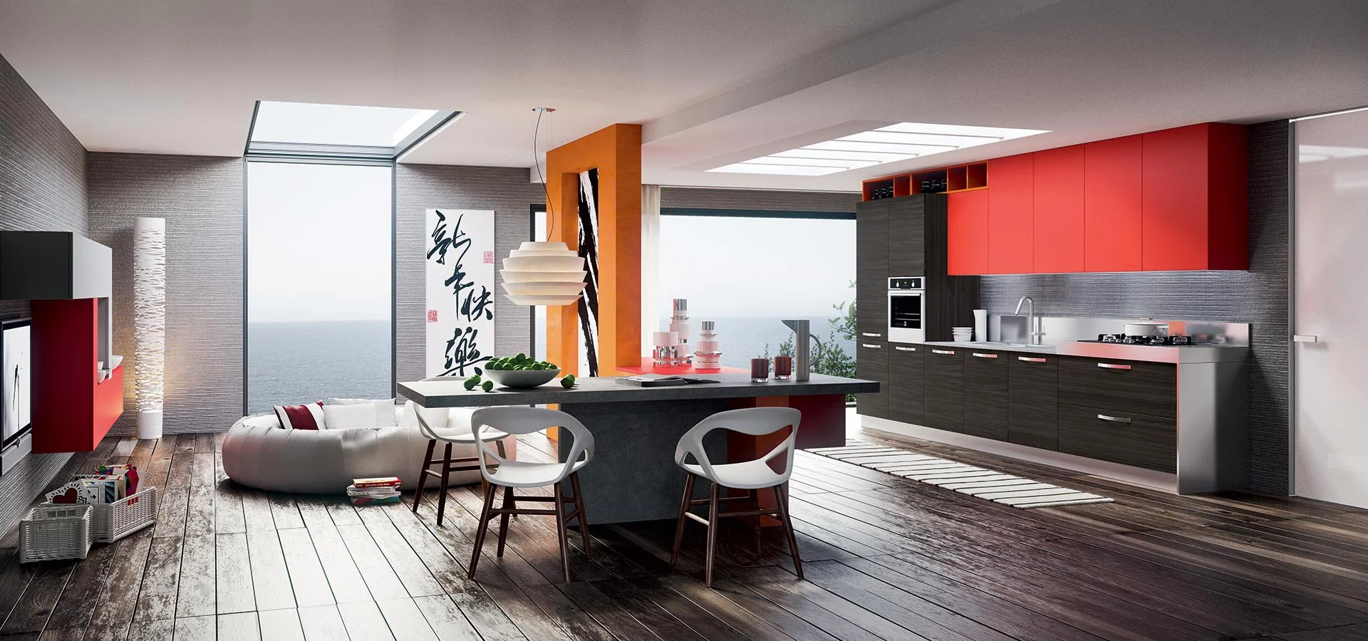 an accent colour and clever partitioning adds vibrancy to this oriental inspired kitchen.