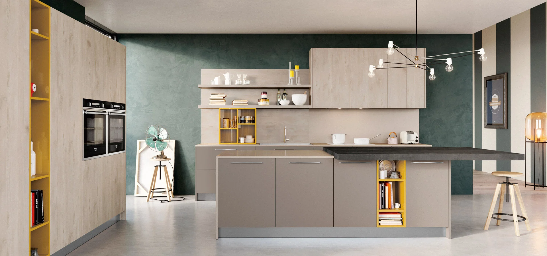 yellow works exceptionally well in conjunction with woodgrain and matte finishes