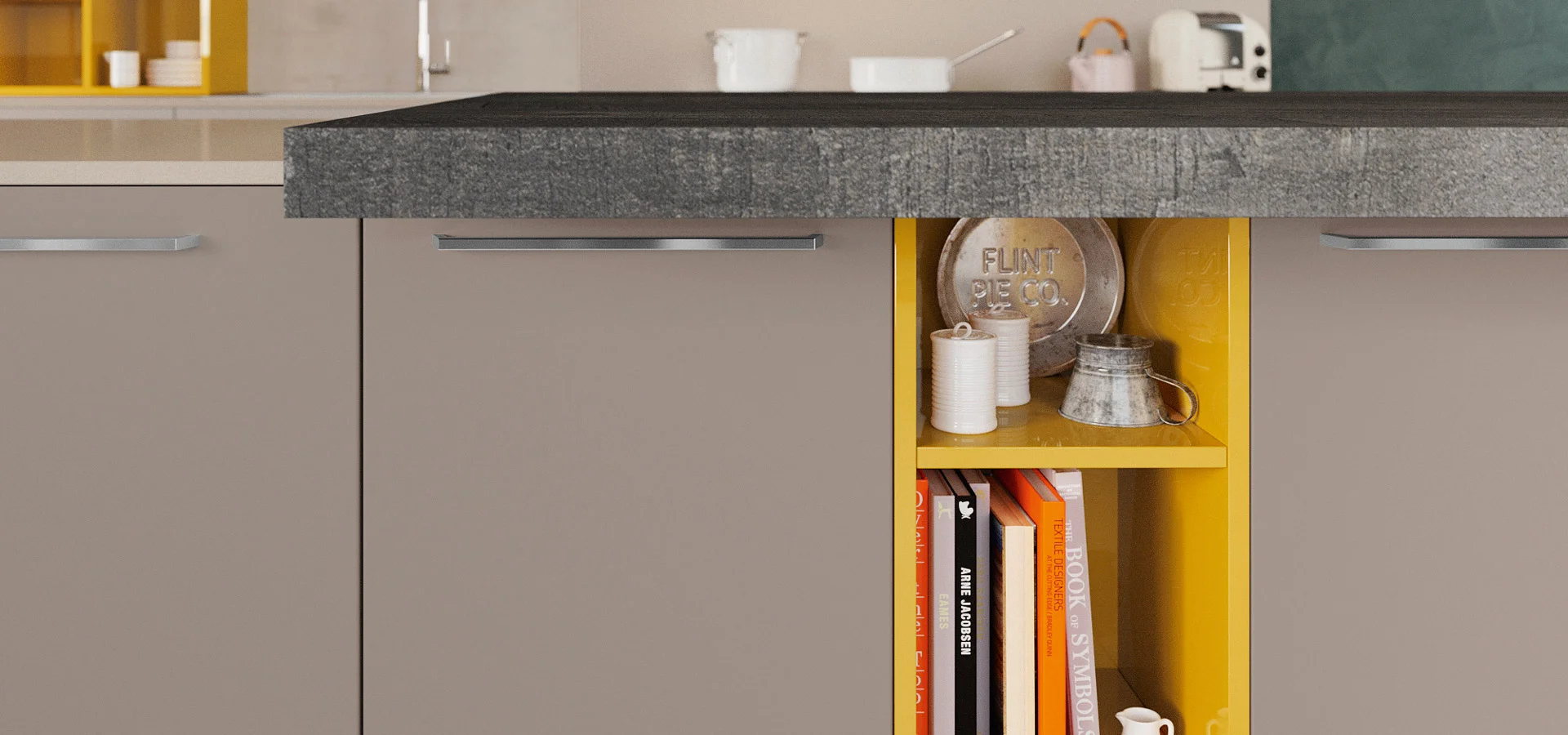 combine matte finishes, woodgrain, gloss accents and textured worksurfaces for chic style