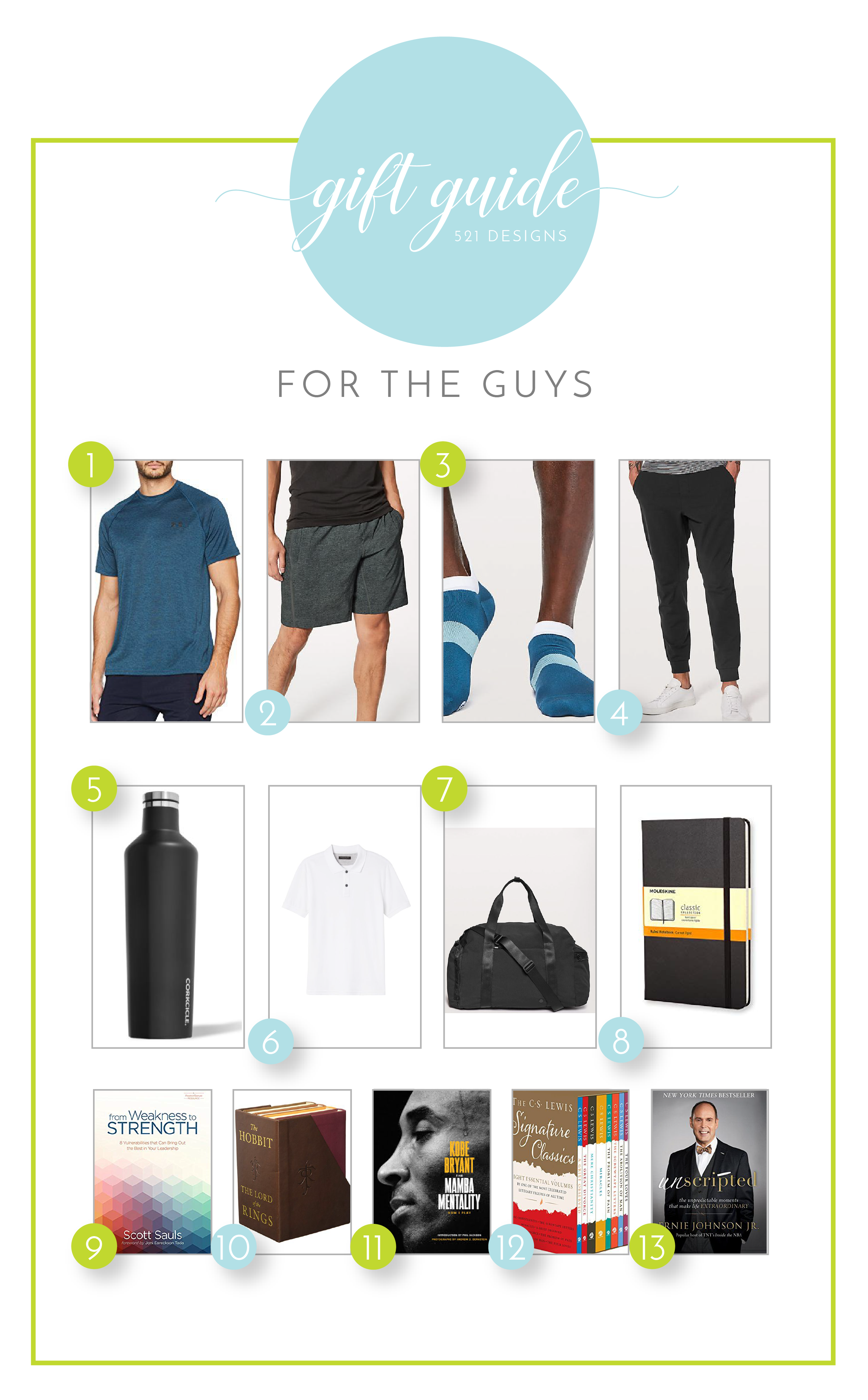 1 | Workout Shirt 2 | Lined Workout Shorts 3| Athletic Socks 4| Athleisure Pants 5| Waterbottle 6| Everyday Polo 7| Gym Bag 8| Journal 9| “From Weakness to Strength” 10| Tolkein Set 11| Mamba Mentality 12| C.S. Lewis Classics 13| “Unscripted”