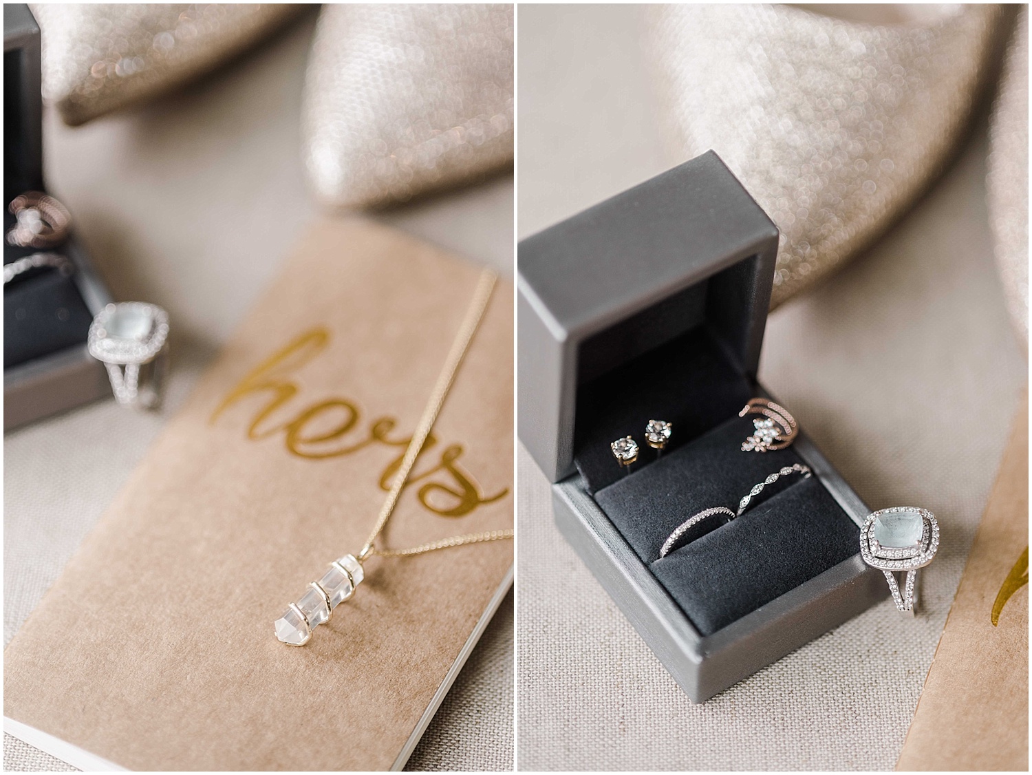 bride's details for getting ready, bridal shoes, engagement ring, jewelry, vow book, intimate wedding in hoboken new jersey at the W Hotel