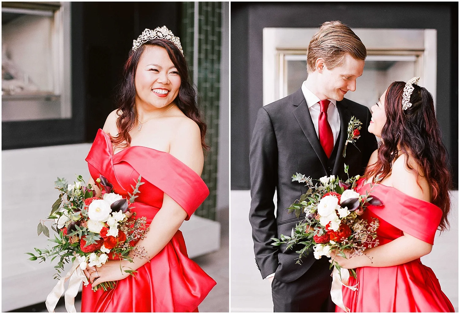 bride and groom portraits at their intimate wedding in hoboken new jersey at the W Hotel, creative wedding dress