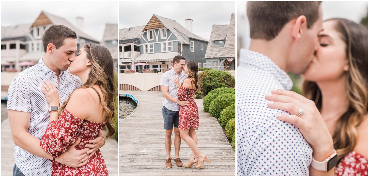 secret proposal, northern new jersey, newly engaged couple smiling and laughing, having fun on the boardwalk near the lake