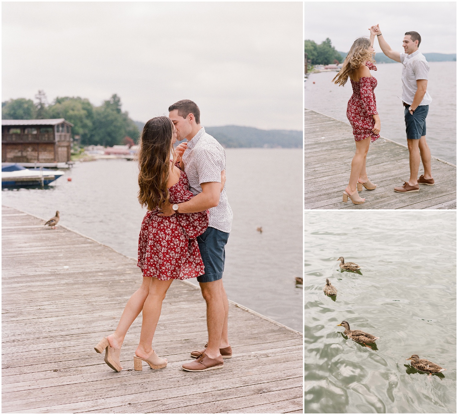 secret proposal, northern new jersey, newly engaged couple smiling and laughing, having fun on the boardwalk near the lake