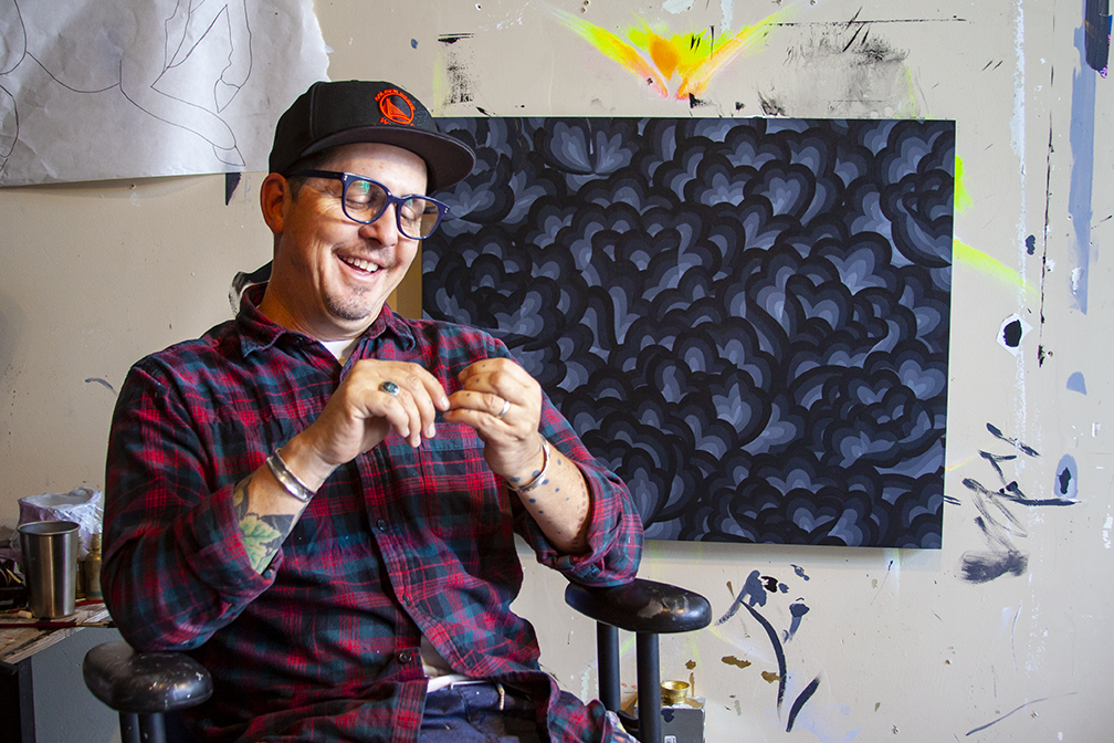 Jet Martinez with work in progress for “Des-Colores".” Studio photos by L. Herrada-Rios