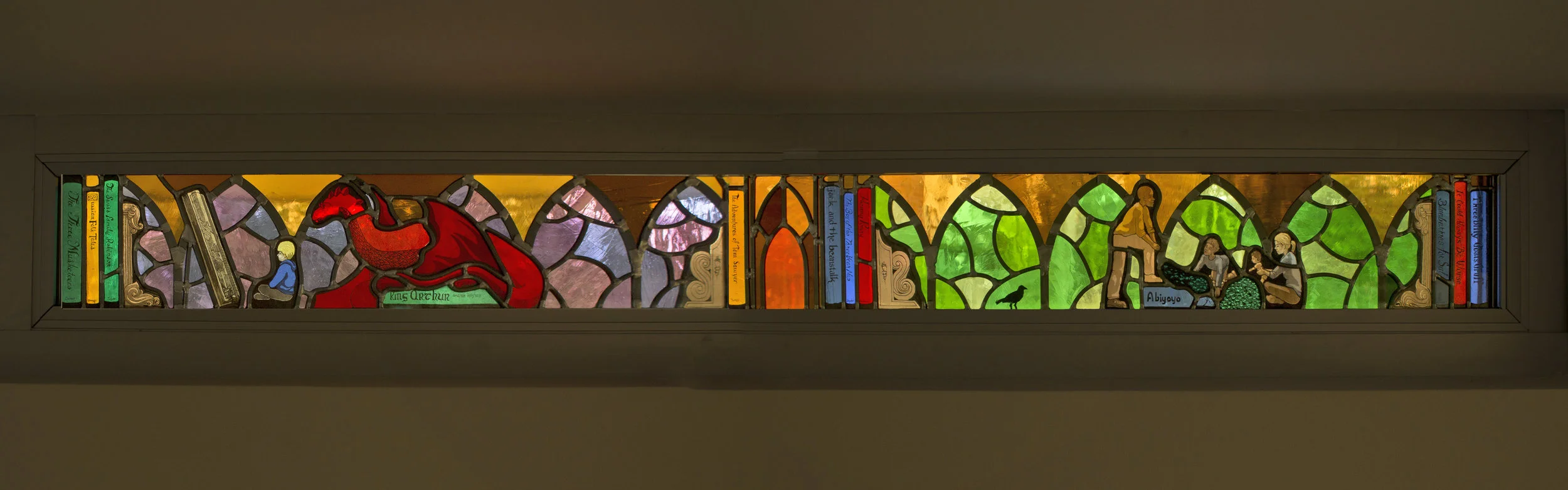 Panel 2 of "Explore", a 17' long frieze of windows at Lovett Library in Mt Airy, Philadelphia, PA.