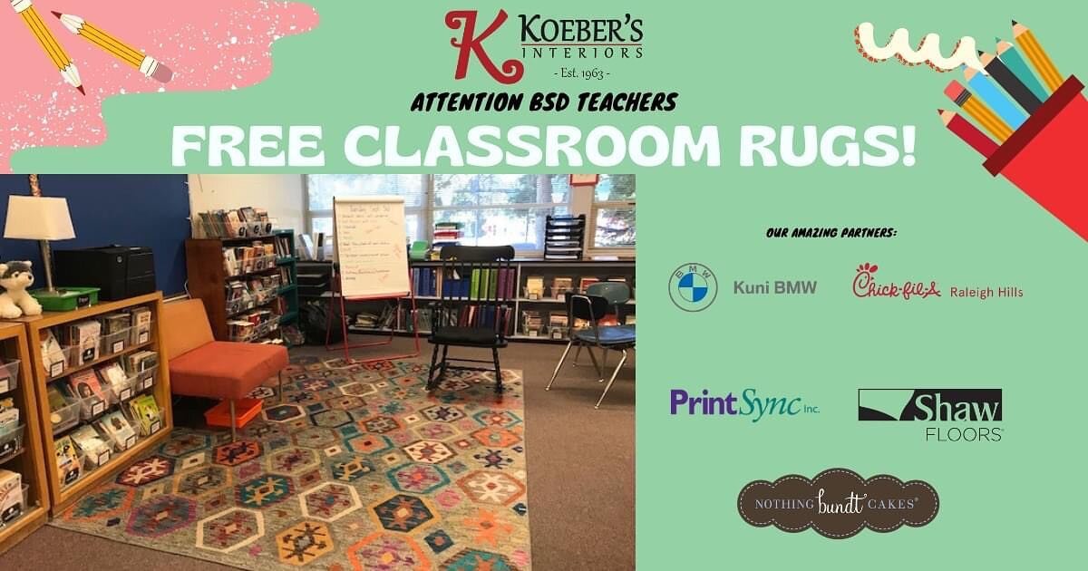 1 WEEK AWAY from Teacher Rug Day at Koebers!

✏️ Tuesday, August 22nd Doors open at 7am (Close at 4pm)
📍 At our location: 6710 SW 111th Ave. Beaverton, OR 97008
📚 Beaverton School District teachers come on by our showroom to pick up a free rug for 