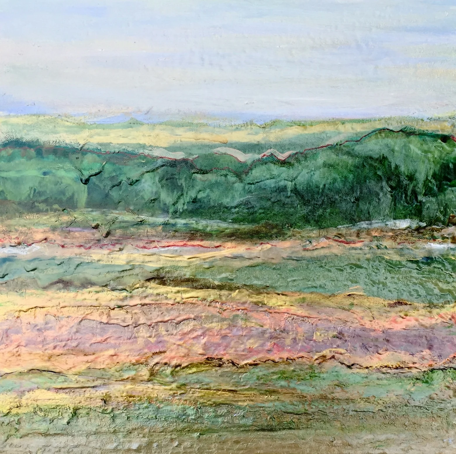 Abstract Landscape | Dina Worzel |Resin on Canvas | 20x20x2| $450 Dina Worzel: I am the purest form of an inspired artist; I am not an academic artist. My Inspirations begin as mental sketches engendered by current events, intellectual or musical discoveries, life experiences, failures, loss, blissful moments of success, the kindness of a stranger, a new friend. I paint Resin Abstract Landscape, Seascape, Impressionist, and Fluid Art Paintings. I paint mostly with my hands but mediums reach canvas by any means necessary: brush, knife, liquid, fingers & toes, all of which seem appropriate, primary and secondary colors are layered accordingly. The results are lush and vibrant. Landscapes and Seascapes poised with kinetic energy as one experiences continents dropping into vast oceans of color; powerful colors define nimbostratus and cumulonimbus regions that transition to delicate cirrus regions with so much force that one can actually feel the transition on the canvas.