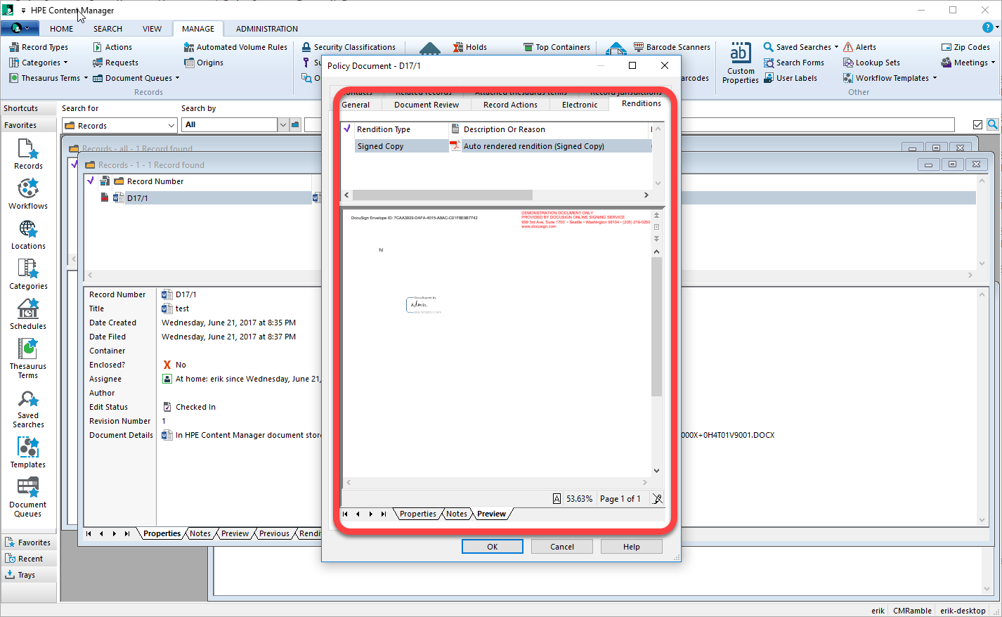 Success! Signed rendition via DocuSign
