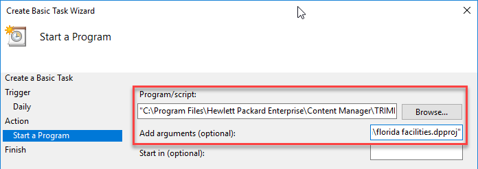 Task Scheduling Wizard - Action Program Settings