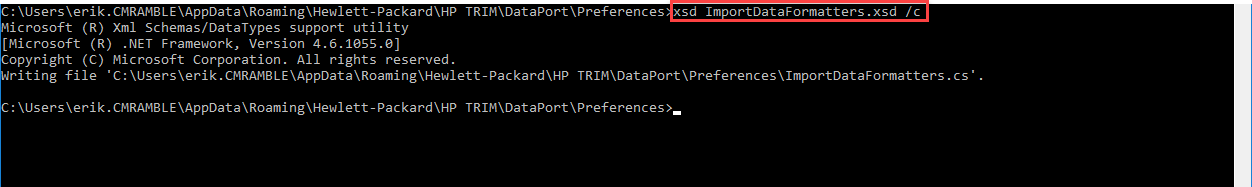 Command Prompt after generating class definition