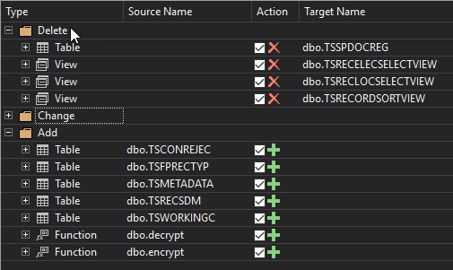 1 table removed, 3 views removed, 5 tables added, and two new encryption functions