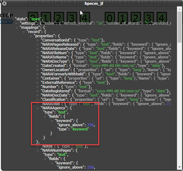 Elasticsearch Head Information Window for CM Index