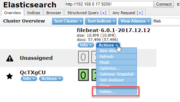 Delete action in the Elasticsearch Head