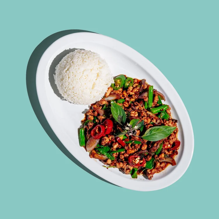 Pad kra pow holy basil stir-fry with steamed rice