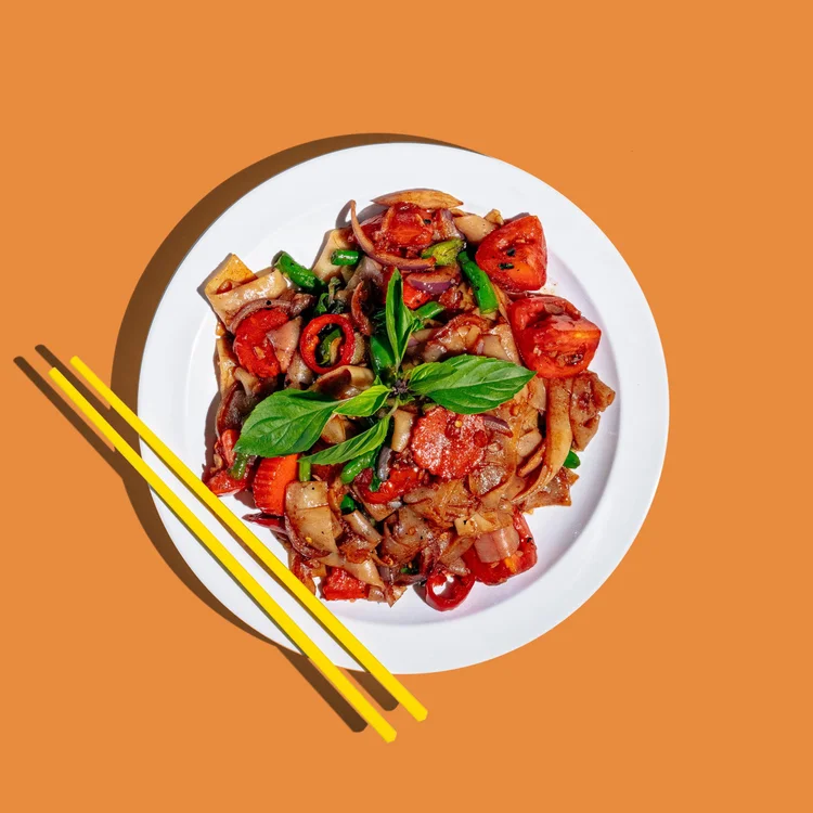 Pad kee mao drunken noodles with holy basil and chilli