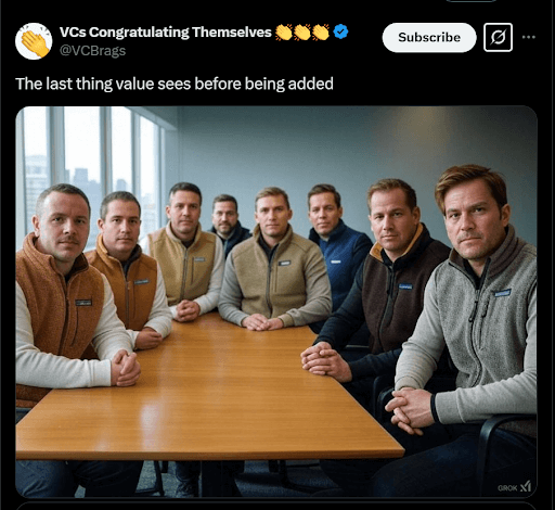 A bunch of bros in patagonia vests with sarcastic headline "the last thing value sees before being added" from Twitter