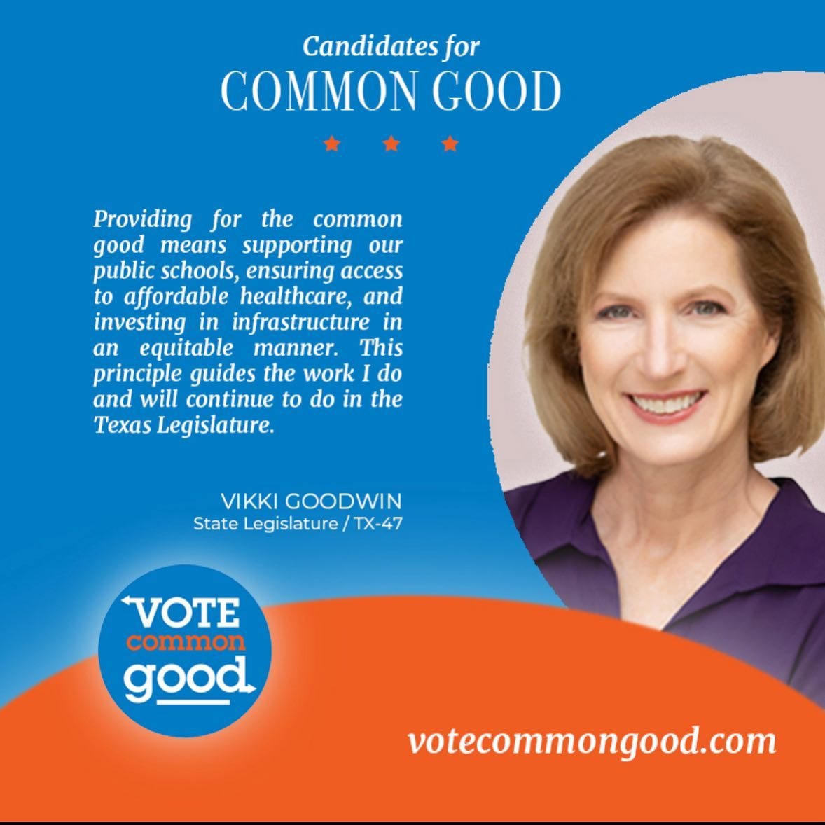 Honored to receive the @votecommongood endorsement. Setting aside differences, we can stand up for the things that matter to everyone: strong public schools, quality healthcare, and affordability.