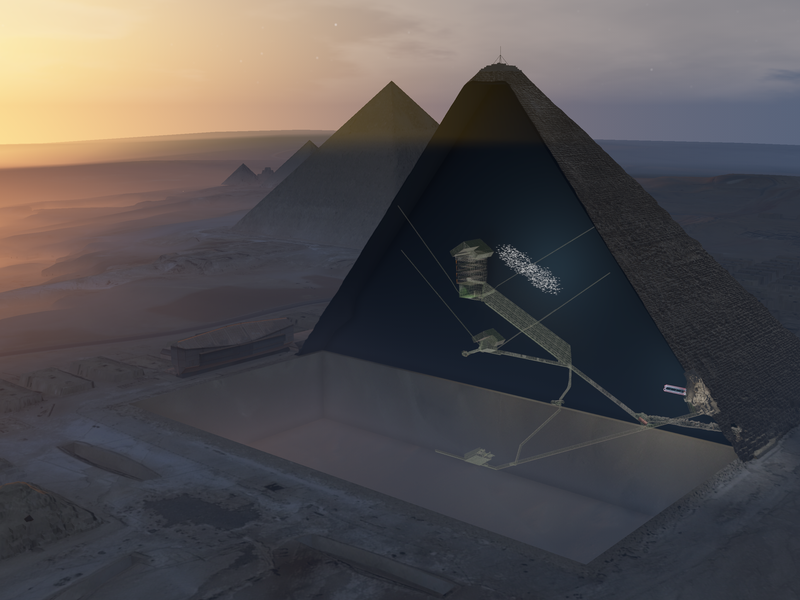 3D illustration showing an aerial view of the Khufu pyramid with the new “Big Void.” (ScanPyramids mission)