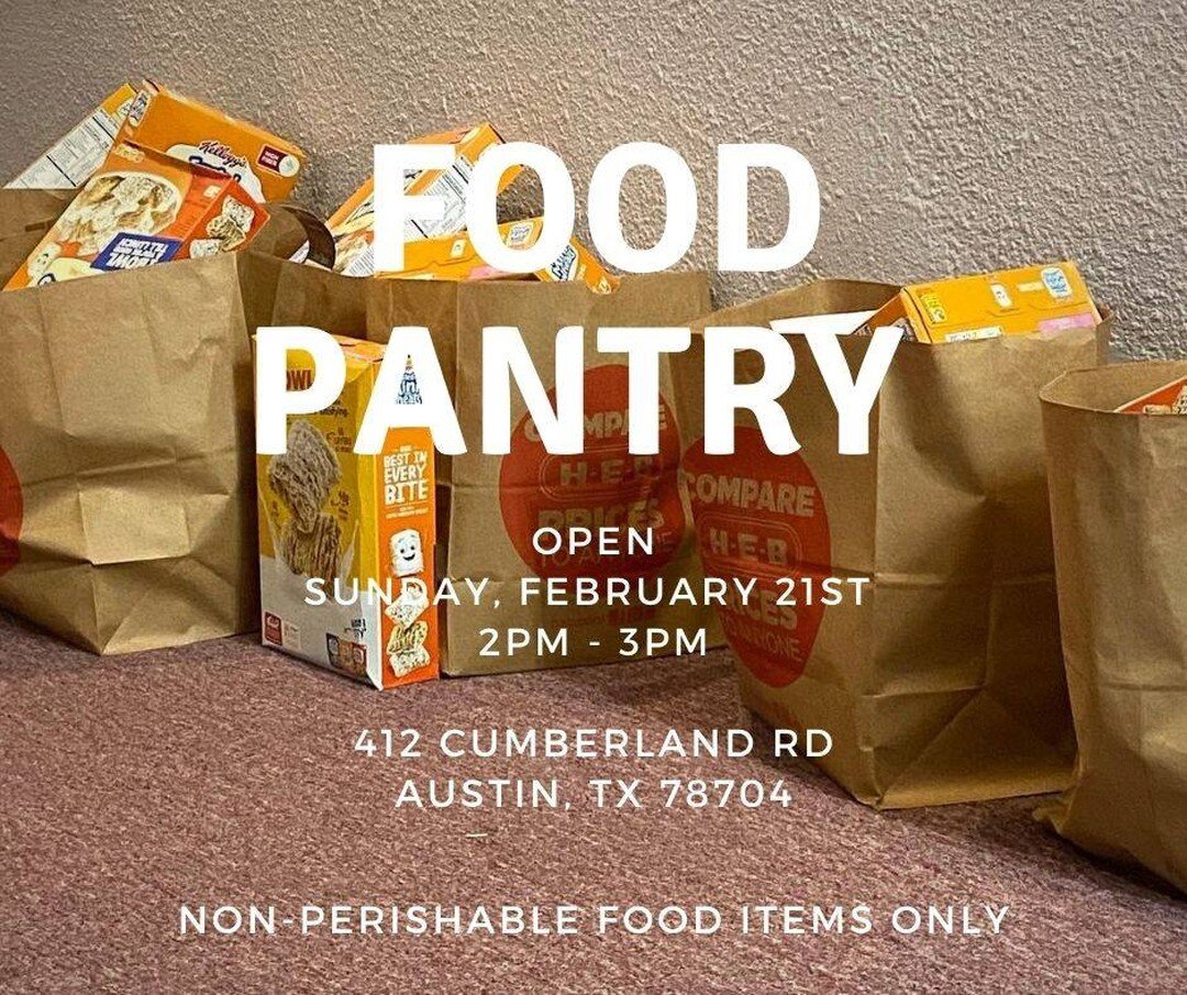 FOOD PANTRY OPEN TOMORROW!!

Hey Church,

We are opening up our food pantry tomorrow, Sunday, February 21st from 2-3pm for those that are needing any non-perishable food items. If you or anyone you know are in need of any of these items please send t