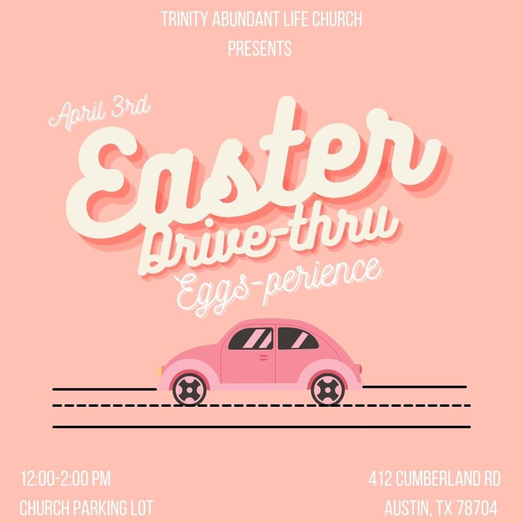 Hey Church,

We're changing things up this year. Introducing the Easter Drive-Thru Eggs-perience. This will be taking place on Saturday, April 3rd from 12pm - 2pm. 

We will be giving away some goodie bags for the kids (of course, including eggs🥚😃)