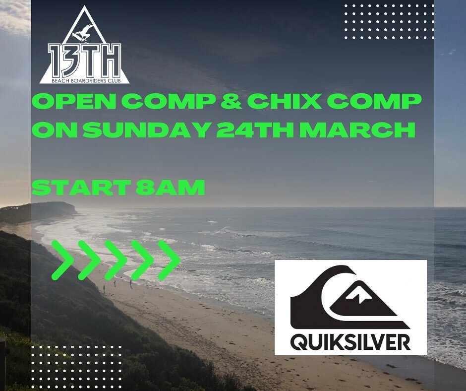 Open AND Chix Comp&rsquo;s on tomorrow @ Clubbies!! 
Get down for a 8am start, with set up at 7.30am. 
Conditions are looking to be 3ft and westerly winds. 
Keep an eye on socials for any updates and changes. 
Big thanks to @quiksilver  for sponsorin