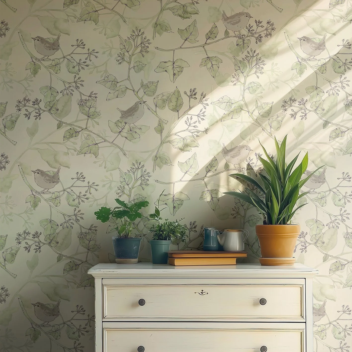 Wrens in the Ivy-Alabaster Hue Sustainable Wallpaper-Dining-Room-Sm Res.jpg