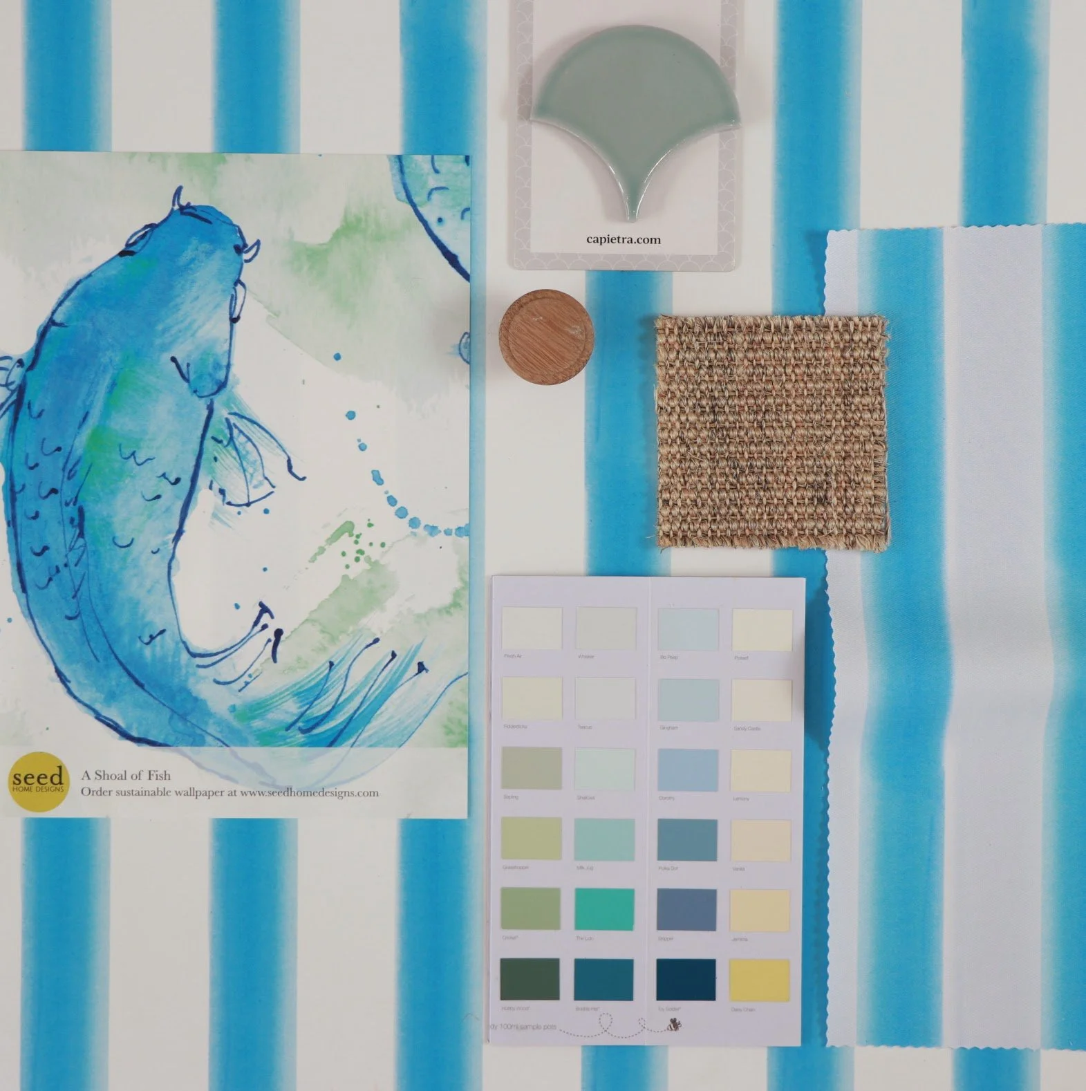 Blue Watercolour Stripe Wallpaper Interior Moodboard | Seed Home Designs