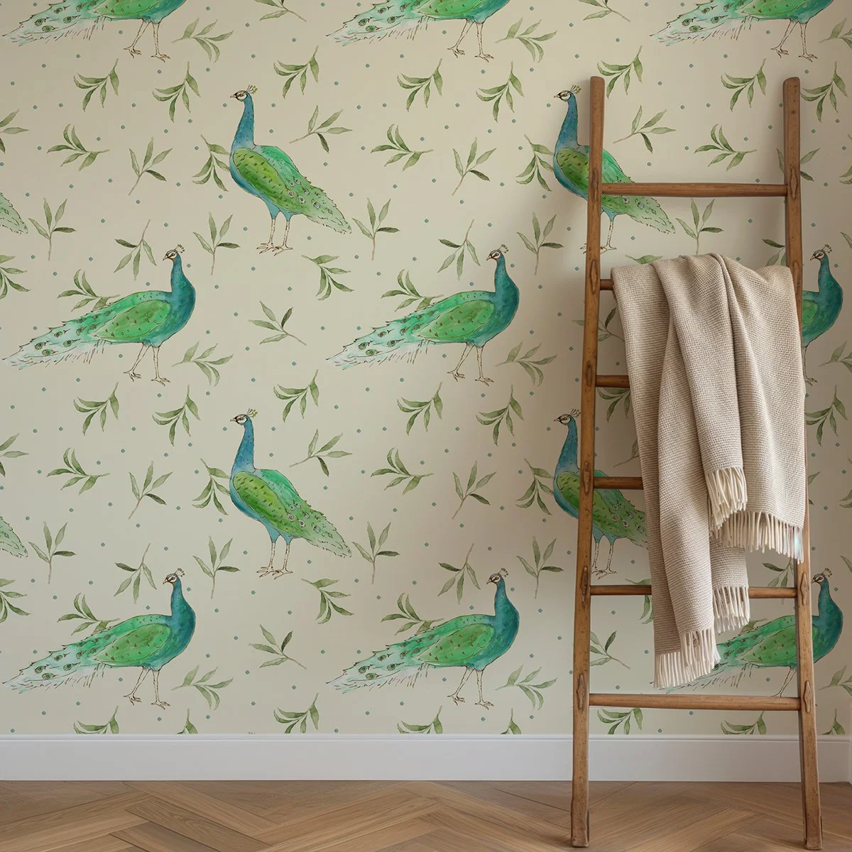 Olive and Dot Peacock Wallpaper |  Featured in House Beautiful Magazine April 25